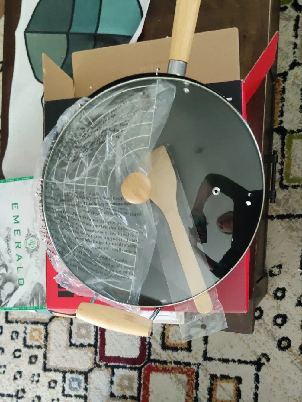 NIB Carbon Steel Non-Stick Wok Set with Wooden Spatula and Glass Lid